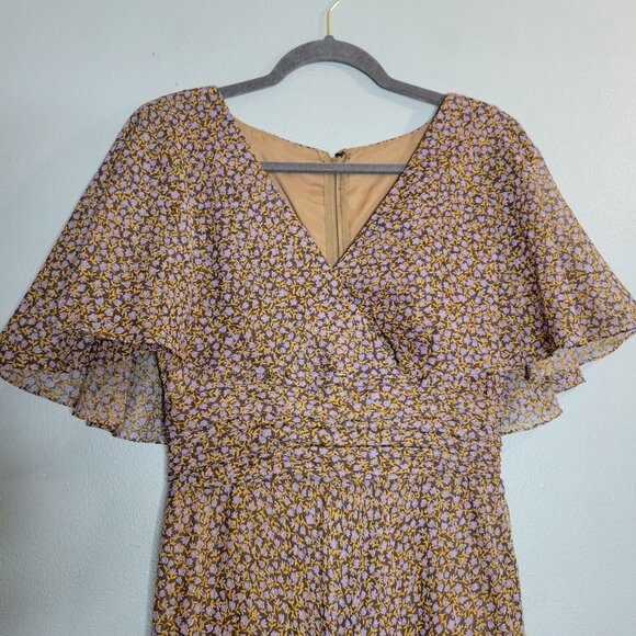 Miss Elliette Vintage Women's Chiffon Floral MIdi Flutter Sleeve V-Neck Dress sz - Picture 2 of 11